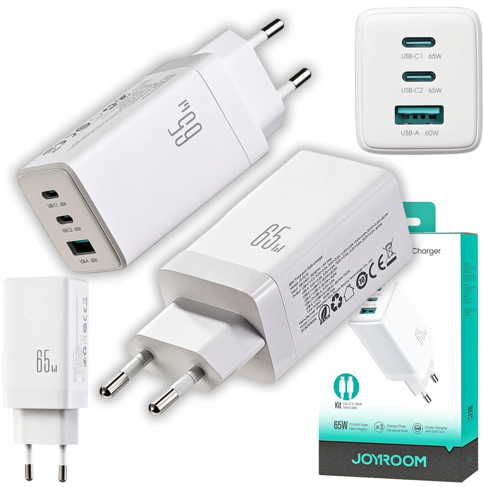 Joyroom JR-TG10 65W GaN 2x USB-C + USB-A sieninis įkroviklis su 65W USB-C - USB-C 1.2m laidu - baltas
