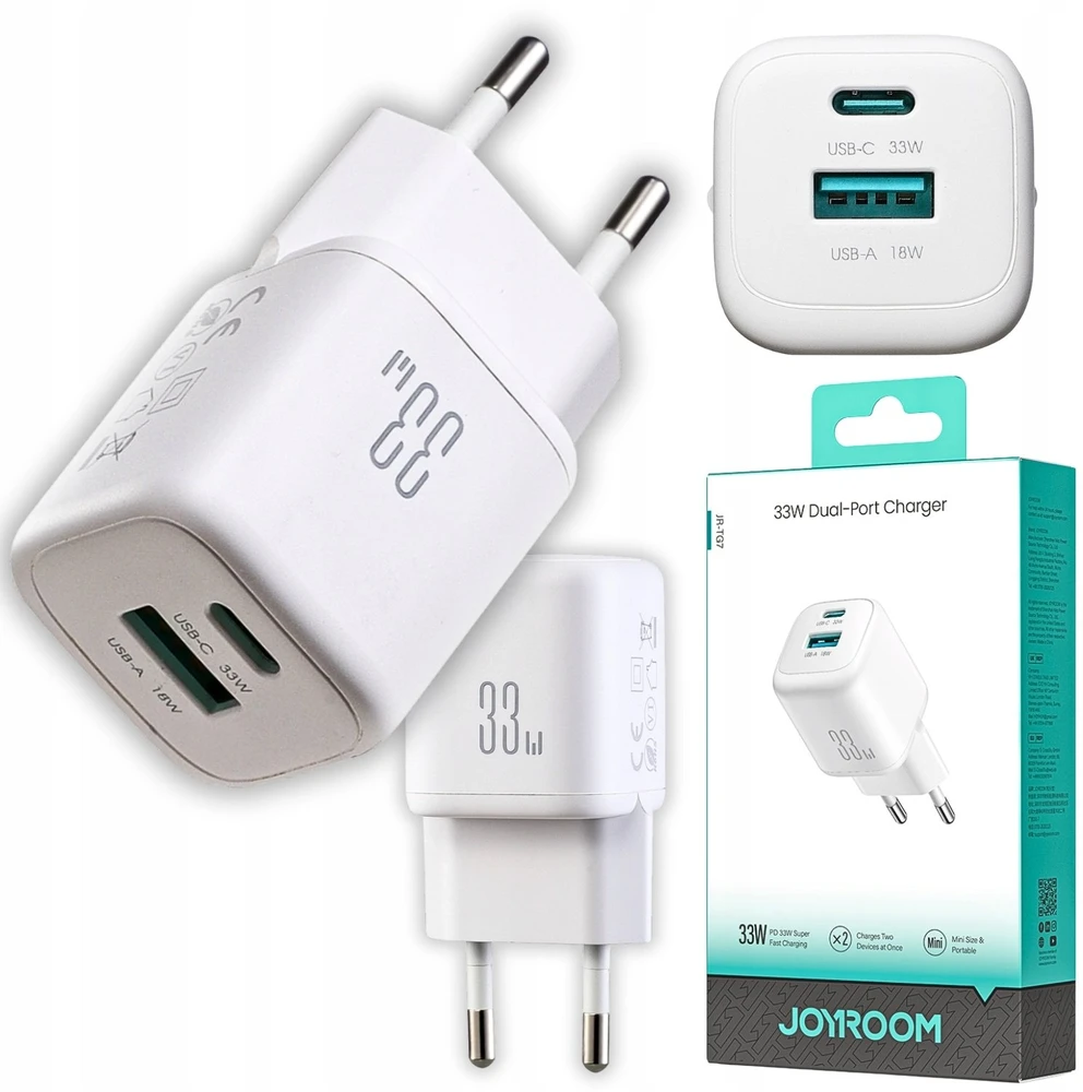 Joyroom JR-TG7 33W USB-A + USB-C sieninis įkroviklis – baltas