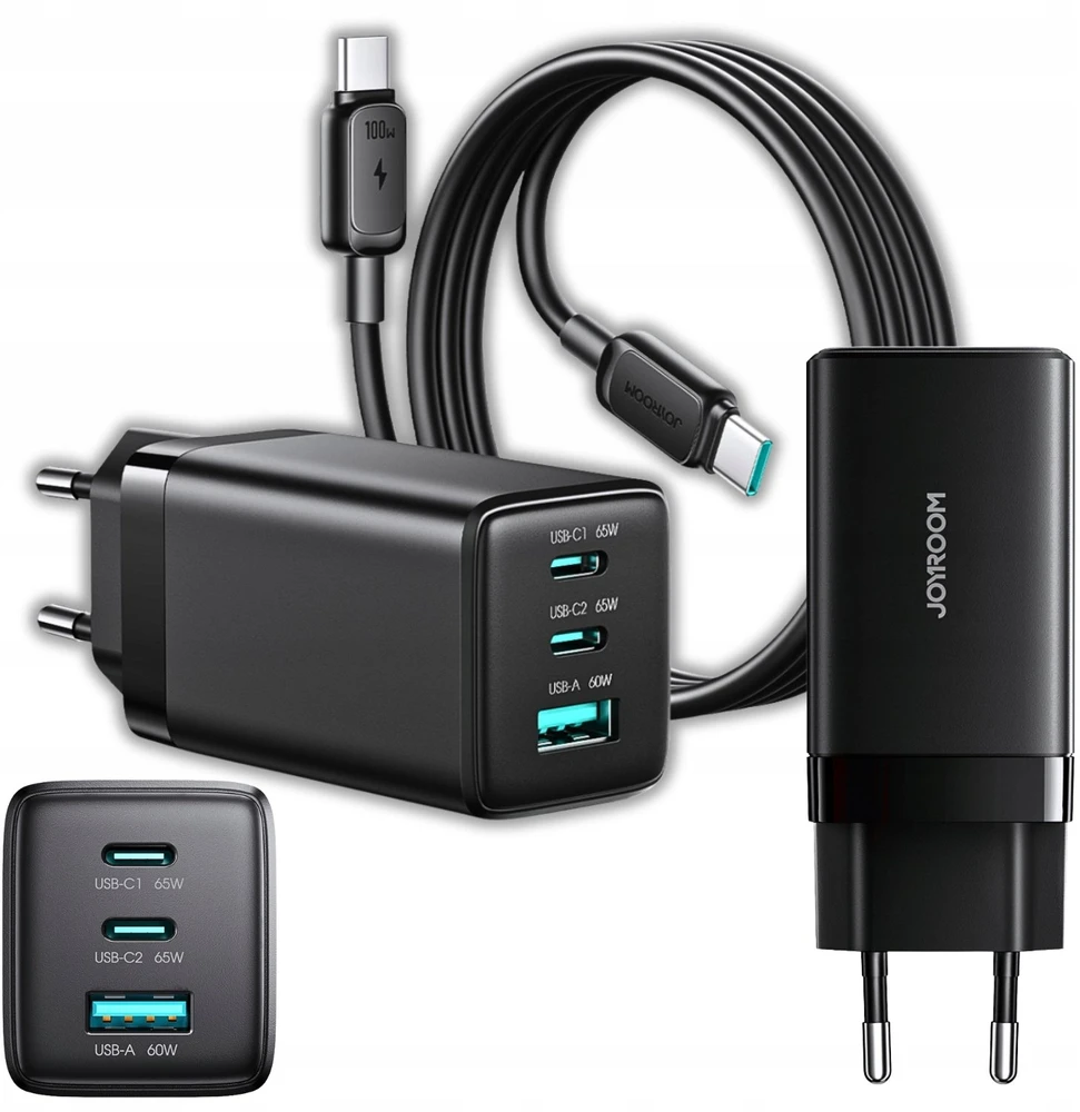 Joyroom JR-TG10 65W GaN 2x USB-C + USB-A sieninis įkroviklis su 100W USB-C - USB-C 1,2 m laidu - juodas