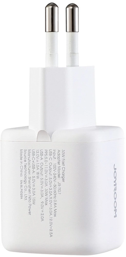 Joyroom JR-TG7 33W USB-A + USB-C sieninis įkroviklis su 60W USB-C į USB-C 1m laidu - Baltas