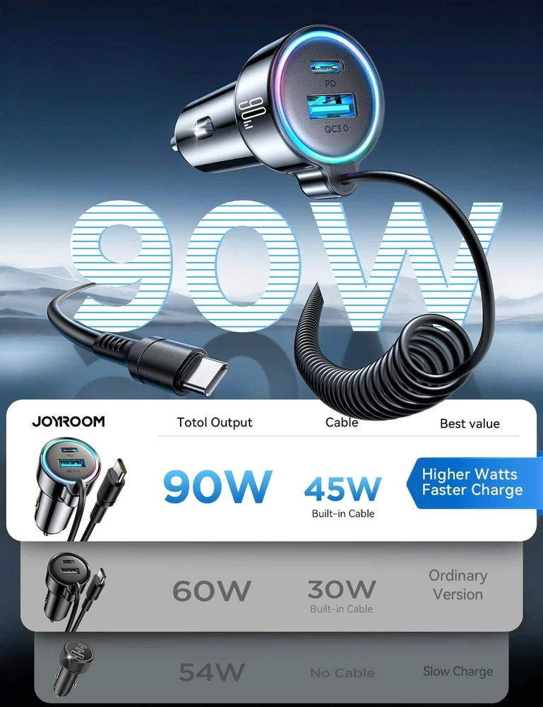 Įkroviklis automobilinis Joyroom (JR-CL07) 3IN1 (1xUSB, 1xUSB-C 1.6M 72W) su Type-C laidu juodas