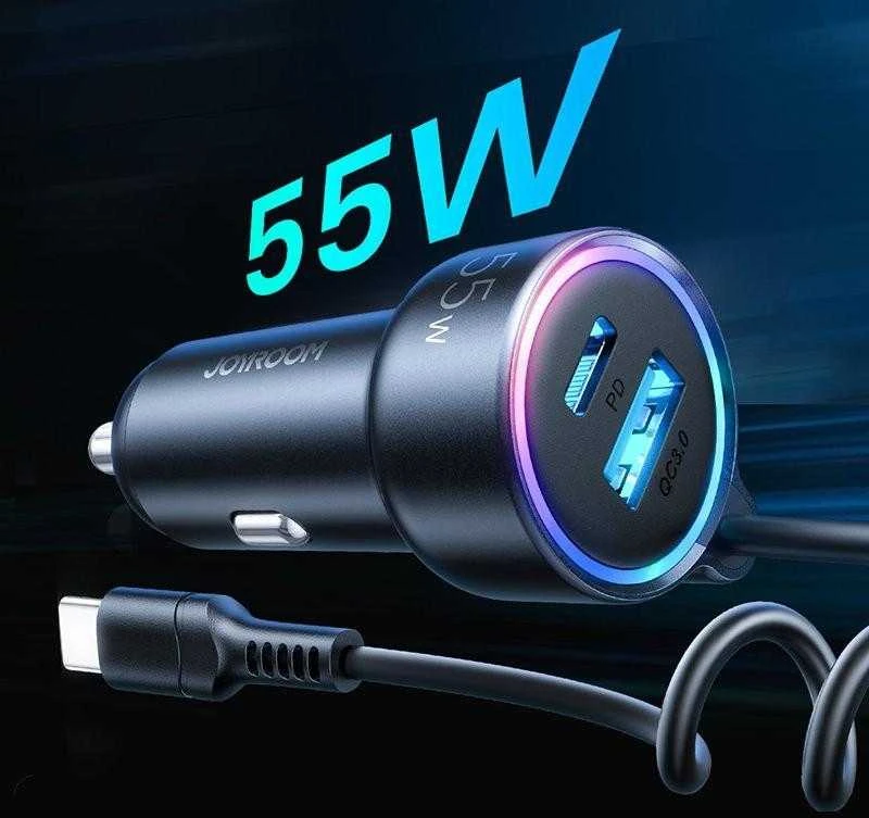 Įkroviklis automobilinis Joyroom (JR-CL07) 3IN1 (1xUSB, 1xUSB-C 1.6M 72W) su Type-C laidu juodas