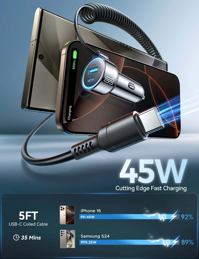 Įkroviklis automobilinis Joyroom (JR-CL07) 3IN1 (1xUSB, 1xUSB-C 1.6M 72W) su Type-C laidu juodas