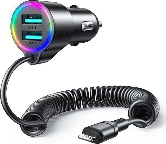 Automobilinis įkroviklis Joyroom JR-CL25, 2x USB + Lightning laidas (juodas)