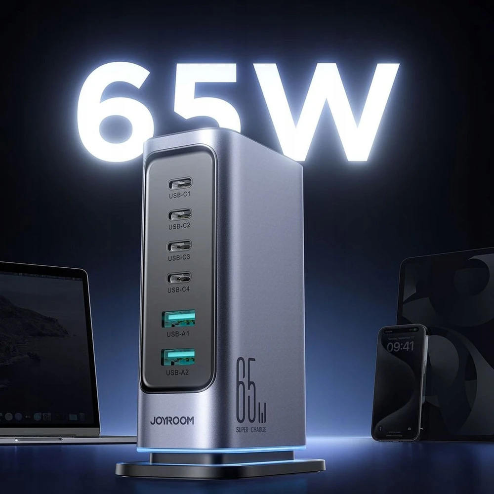 Įkroviklis Joyroom JR-TCM02 GaN 65W 4xUSB-C 2xUSB-A kištukas UK – pilkos spalvos