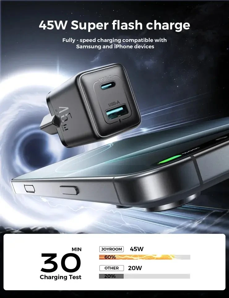 Joyroom JR-TG8 GaN 45W USB-C + USB-A sieninis įkroviklis – juodas