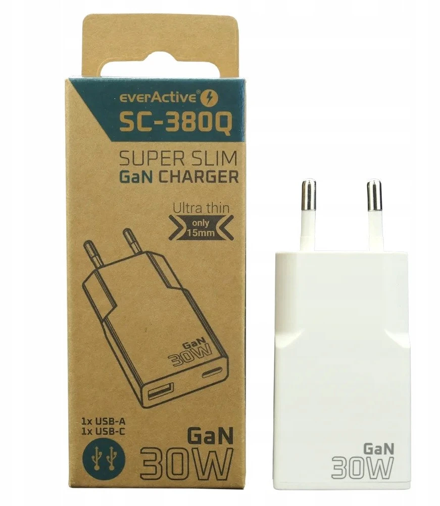 „everactive“ įkroviklis: 1 x USB, 1 x USB-C greito įkrovimo 3.0 30 W itin plonas baltas