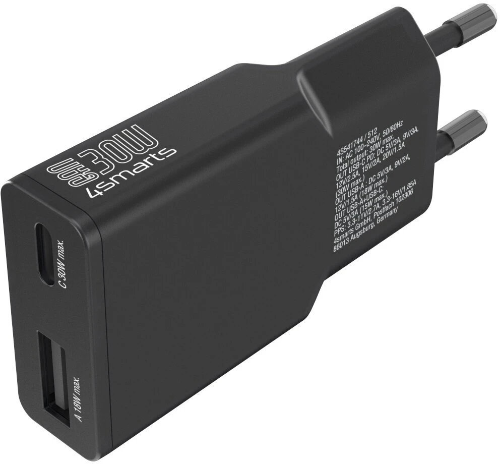 Įkroviklis jungiama į tinklą 4smarts FlatPlug Duos 30W GaN USB-C/USB-A juoda