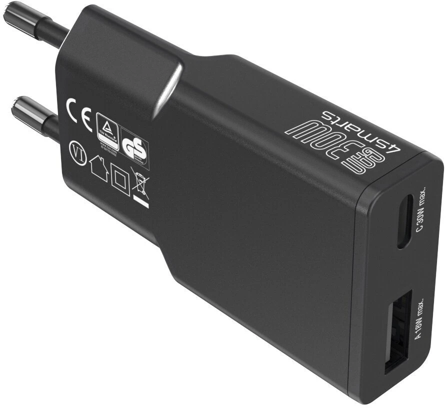 Įkroviklis jungiama į tinklą 4smarts FlatPlug Duos 30W GaN USB-C/USB-A juoda