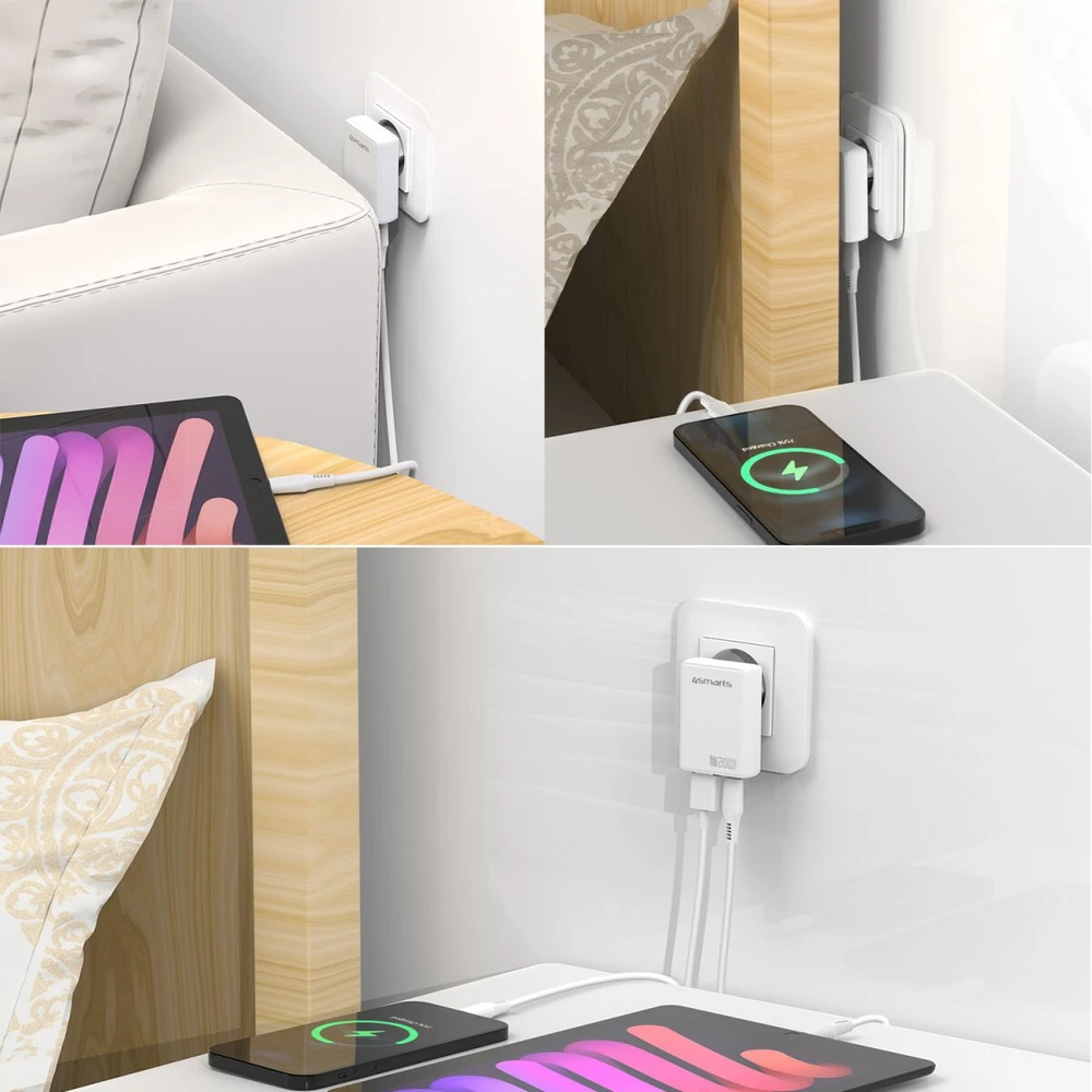 Laidinis įkroviklis 4smarts FlatPlug Duos 20W GaN USB-C + USB-A baltos spalvos
