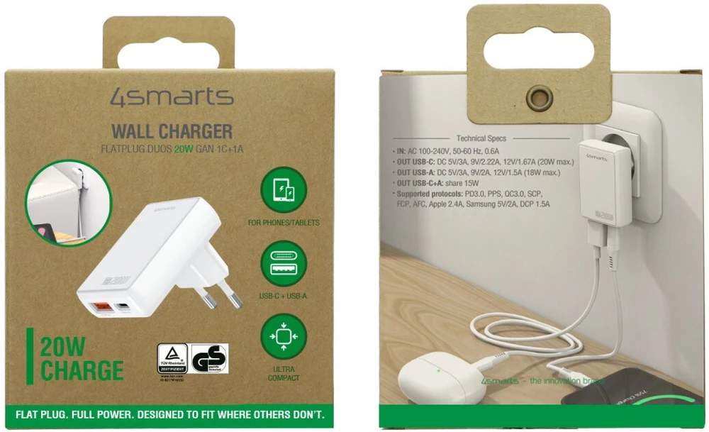 Laidinis įkroviklis 4smarts FlatPlug Duos 20W GaN USB-C + USB-A baltos spalvos
