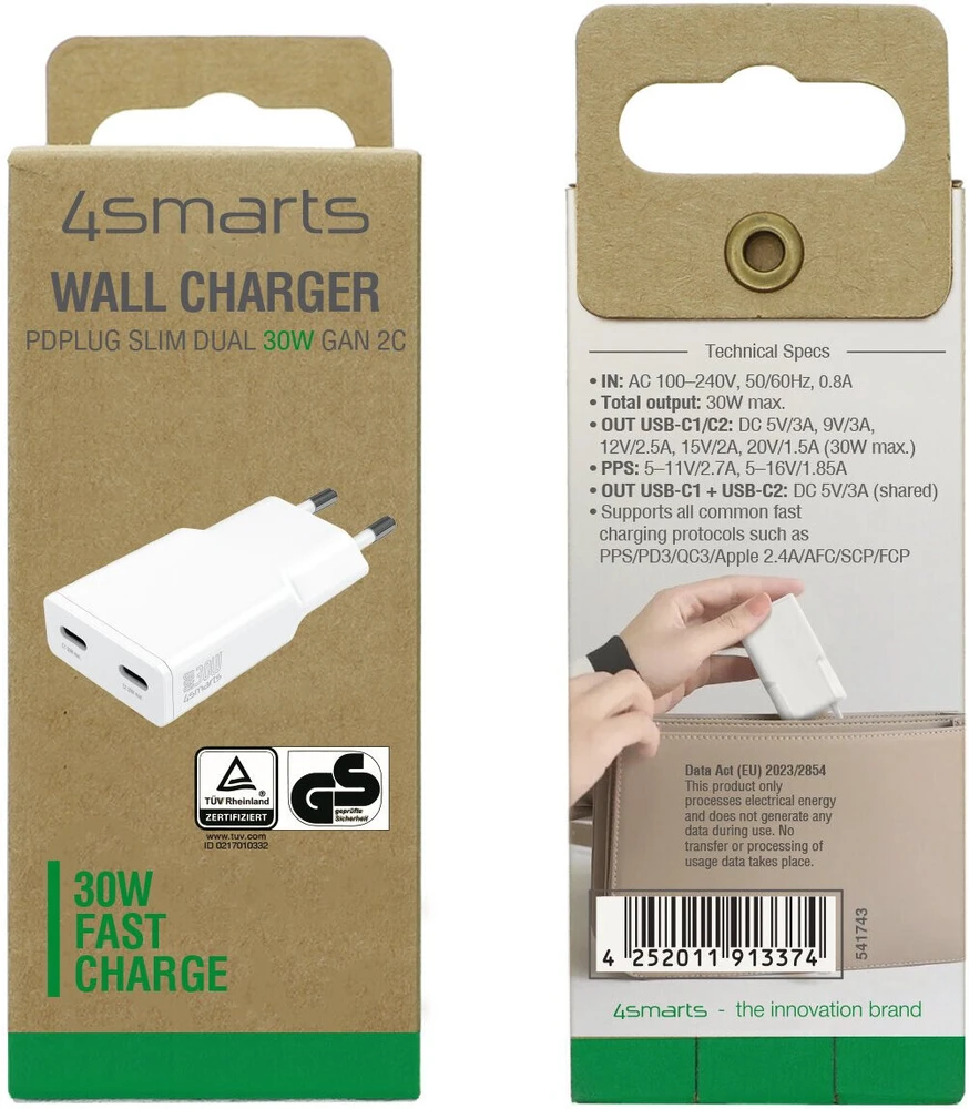 Įkroviklis jungiama į tinklą 4smarts FlatPlug Slim Dual 30W GaN 2xUSB-C balta