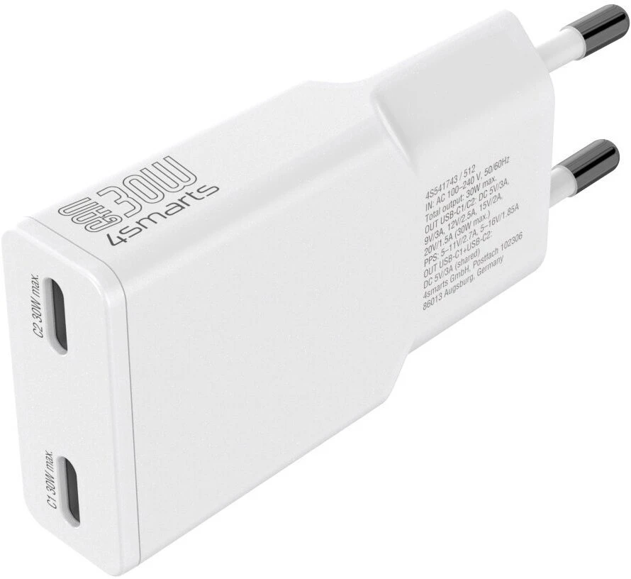 Įkroviklis jungiama į tinklą 4smarts FlatPlug Slim Dual 30W GaN 2xUSB-C balta