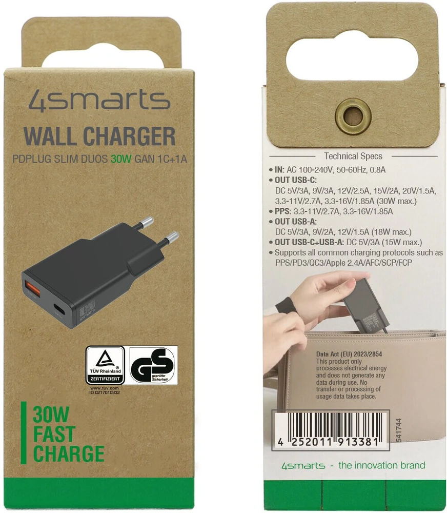 Įkroviklis jungiama į tinklą 4smarts FlatPlug Duos 30W GaN USB-C/USB-A juoda