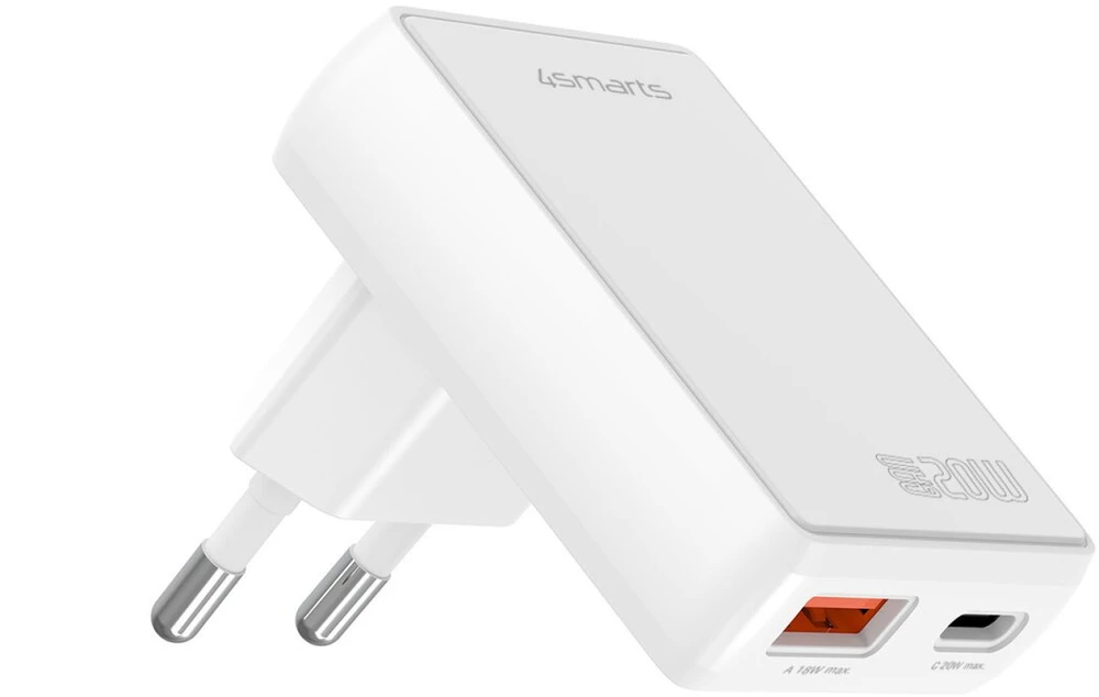 Laidinis įkroviklis 4smarts FlatPlug Duos 20W GaN USB-C + USB-A baltos spalvos