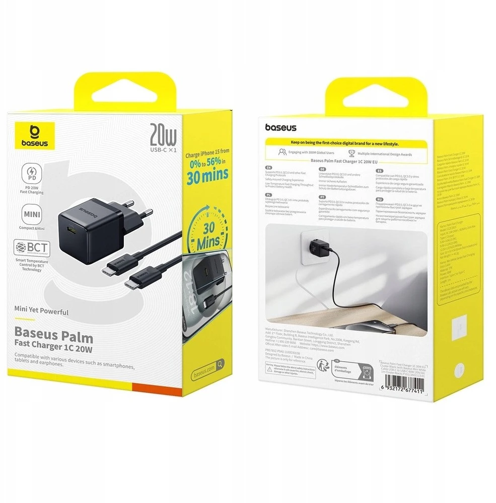 Baseus Sieninis įkroviklis Palm 20W USB-C QC3.0 PD3.0 su USB-C kabeliu 1m, juodas