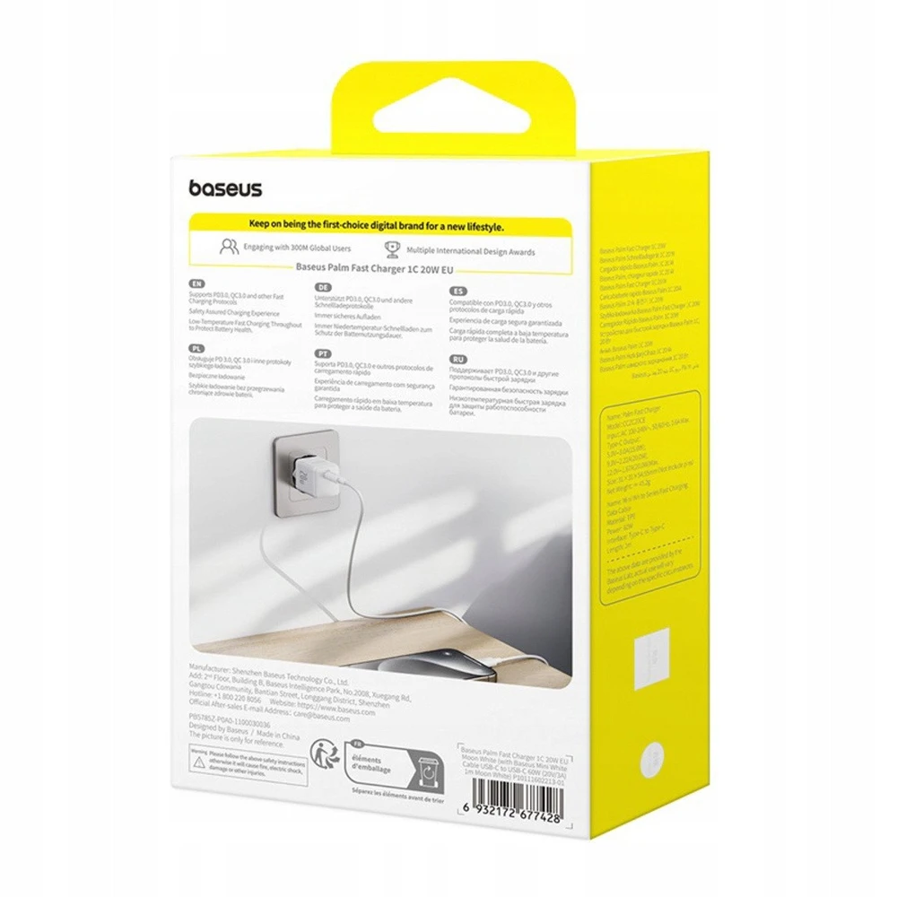 Baseus Sieninis įkroviklis Palm 20W USB-C QC3.0 PD3.0 su USB-C kabeliu 1m, baltas