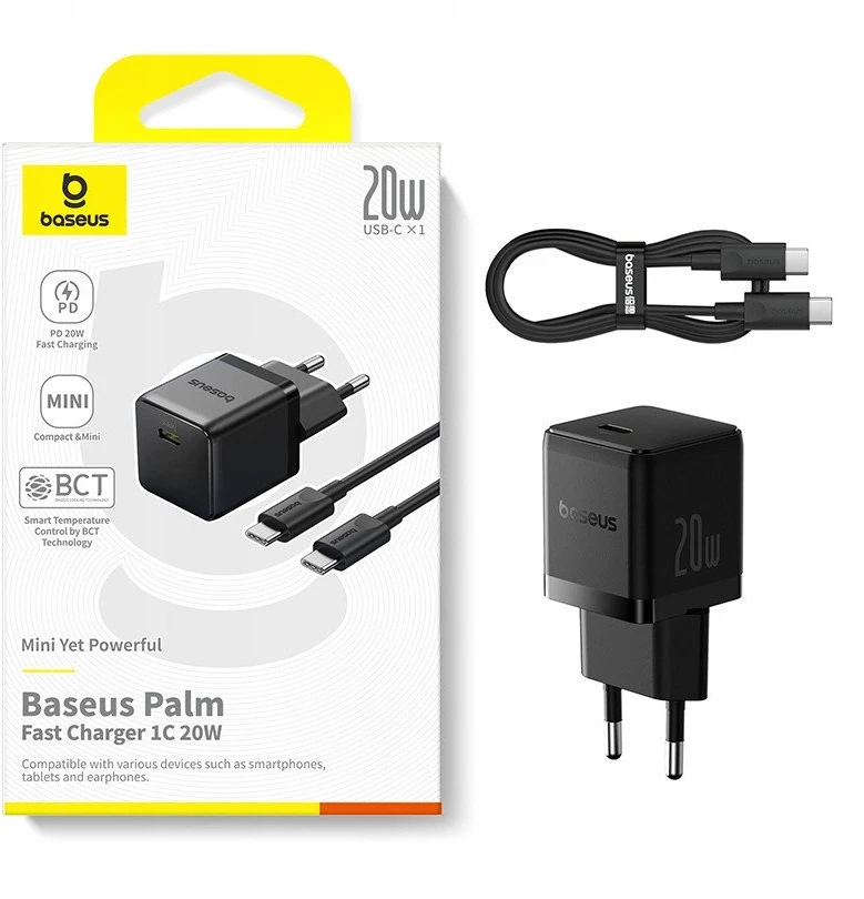 Baseus Sieninis įkroviklis Palm 20W USB-C QC3.0 PD3.0 su USB-C kabeliu 1m, juodas
