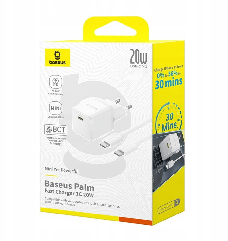 Baseus Sieninis įkroviklis Palm 20W USB-C QC3.0 PD3.0 su USB-C kabeliu 1m, baltas