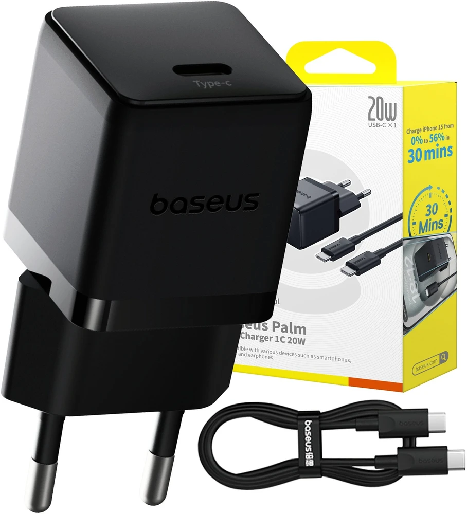 Baseus Sieninis įkroviklis Palm 20W USB-C QC3.0 PD3.0 su USB-C kabeliu 1m, juodas