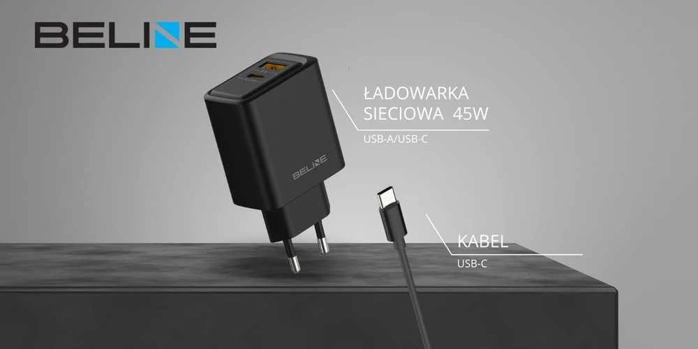 Laidinis įkroviklis Beline 45W USB-A/USB-C + cable USB-C BLN2CB45C juodos spalvos