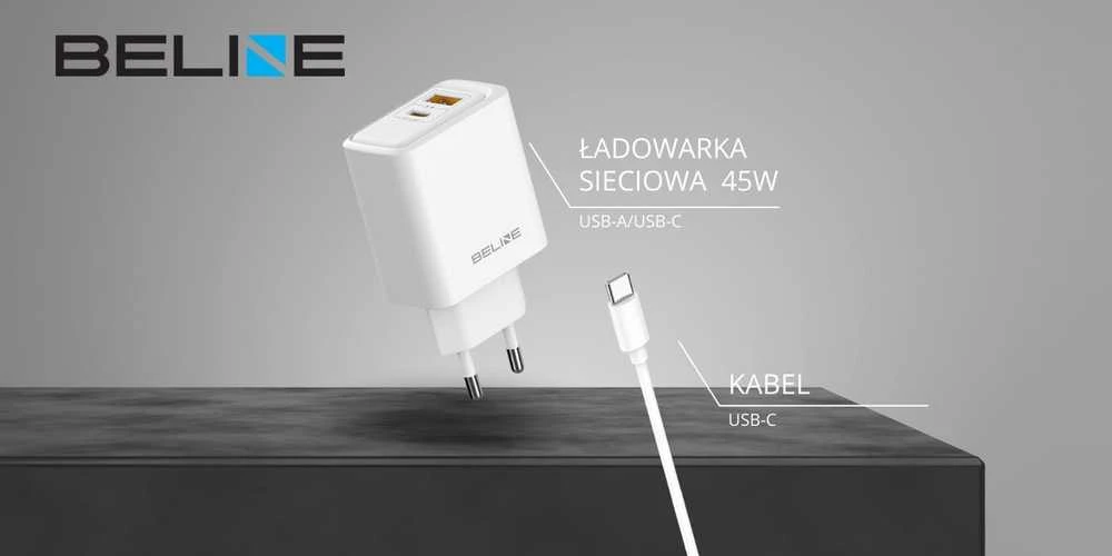 Laidinis įkroviklis Beline 45W USB-A/USB-C + cable USB-C BLN2CW45C baltos spalvos