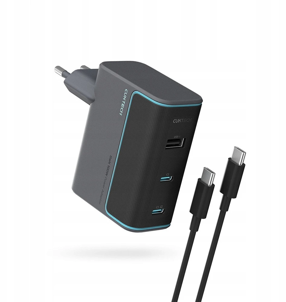Cuktech CUKAD1003EUG GaN 100W laidinis įkroviklis 2 x USB-C 1 x USB-A su USB-C kabeliu – pilkos spalvos
