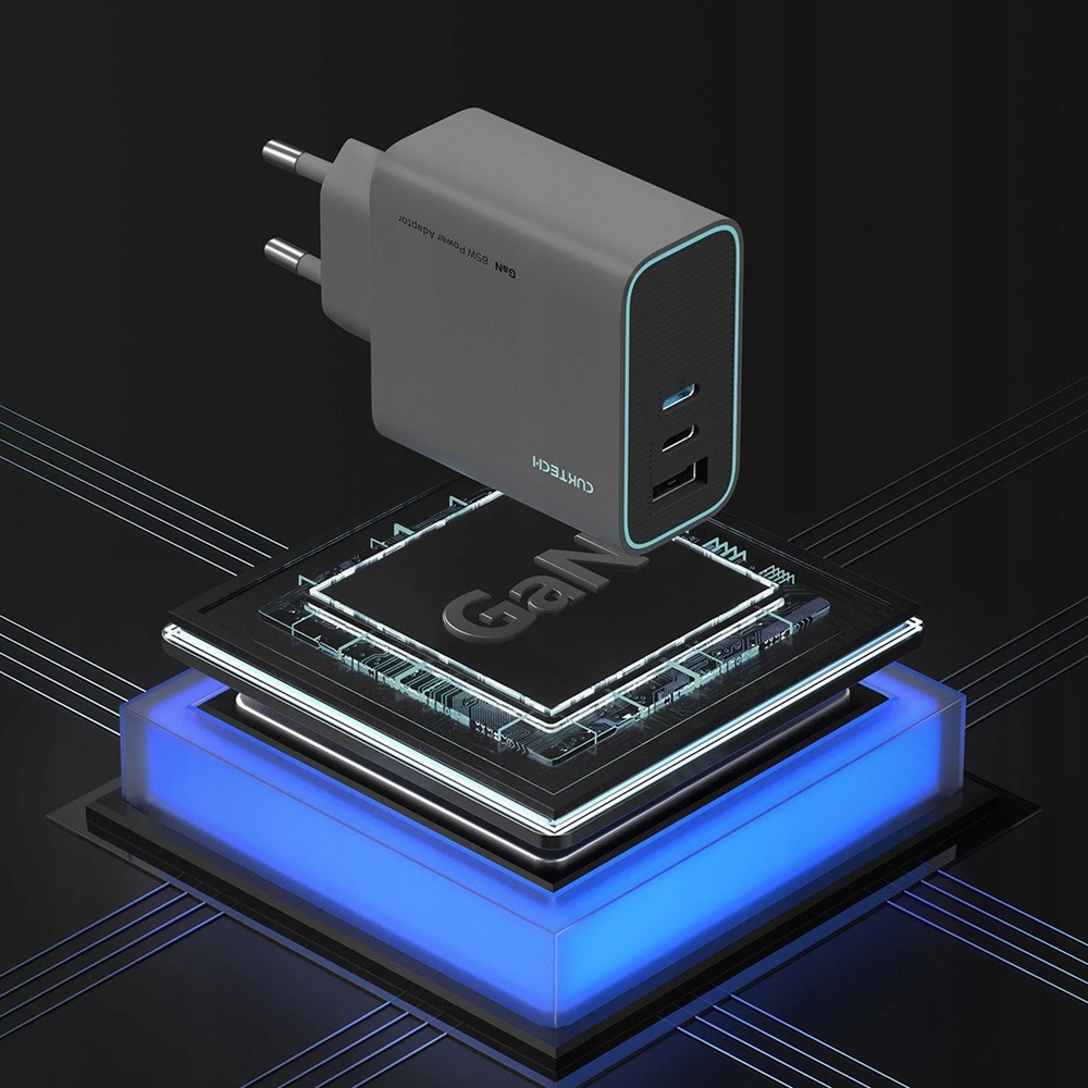 Cuktech CUKAD653EUGR 65W GaN Wall Charger 2 x USB-C 1 x USB-A – pilkos spalvos