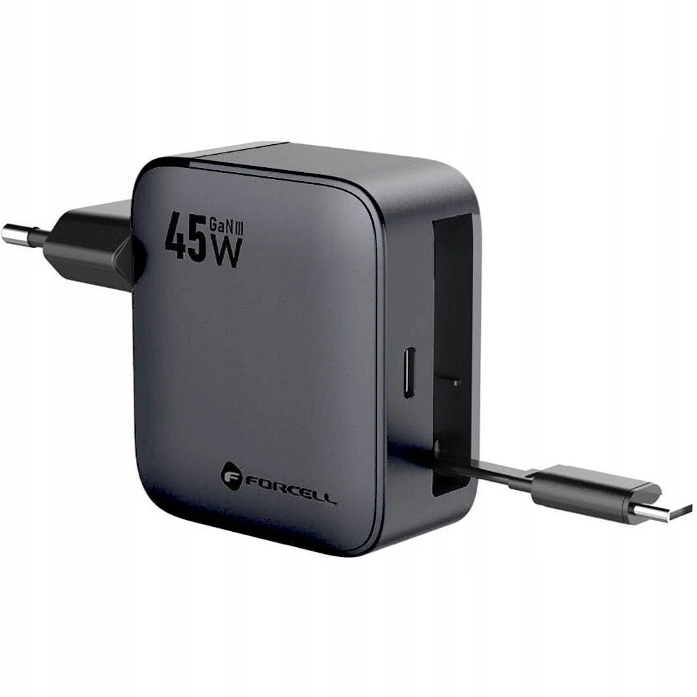 Telefono įkroviklis Forcell F-Energy GaN USB C + ištraukiamas laidas USB C PD QC4.0 3A 45W VT-R5 pilka