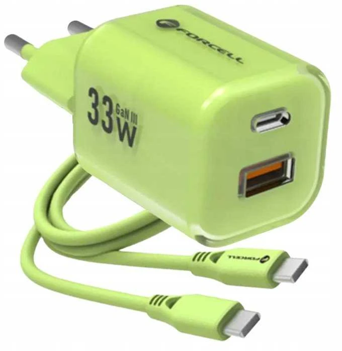 Telefono įkroviklis Forcell F-Energy GaN III Crystal Color USB C + USB A QC4.0 PD 33W + silikoninis laidas USB C į USB C VT-41 žalias