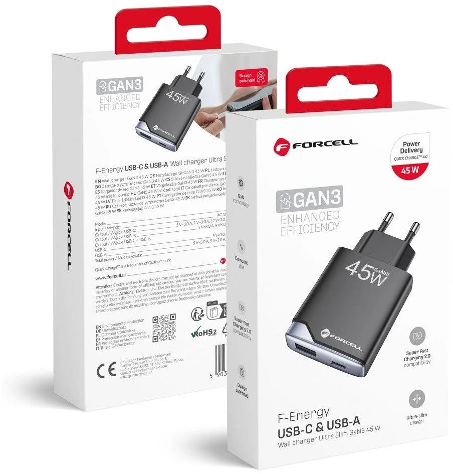 Telefono įkroviklis Forcell F-Energy Ultra Slim GaN III USB C + USB A PD QC4.0 3A 45W B245202(1A1C) juodas