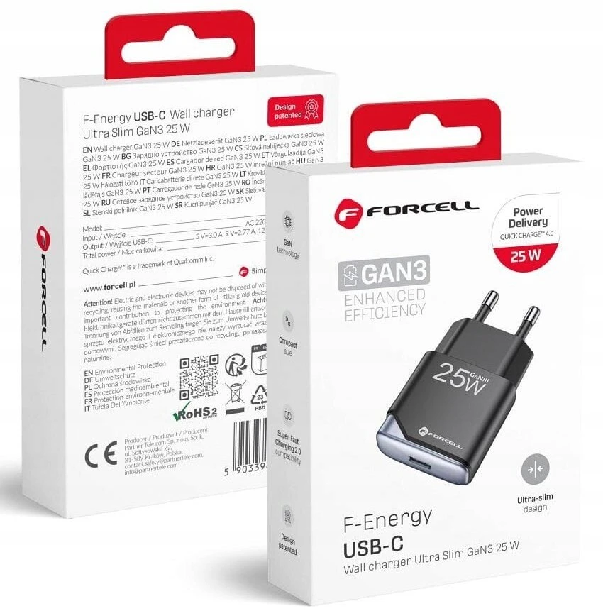 Telefono įkroviklis Forcell F-Energy Ultra Slim GaN III USB C PD QC4.0 3A 25W B125101-E juodas