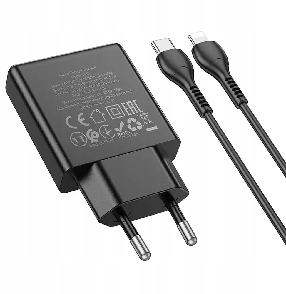 Telefono įkroviklis Hoco Slim USB C QC PD 20W + laidas USB C į Lightning N37 juodas
