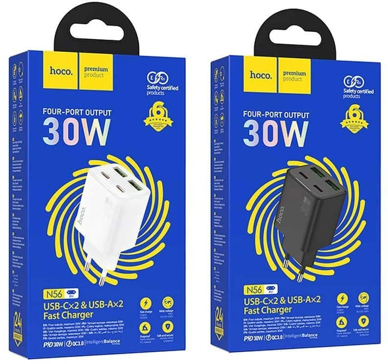 Telefono įkroviklis Hoco 2 x USB C + 2 x USB A QC3.0 PD 3A 30W N56 juodas