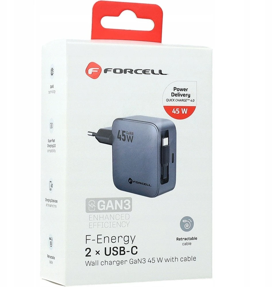 Telefono įkroviklis Forcell F-Energy GaN USB C + ištraukiamas laidas USB C PD QC4.0 3A 45W VT-R5 pilka