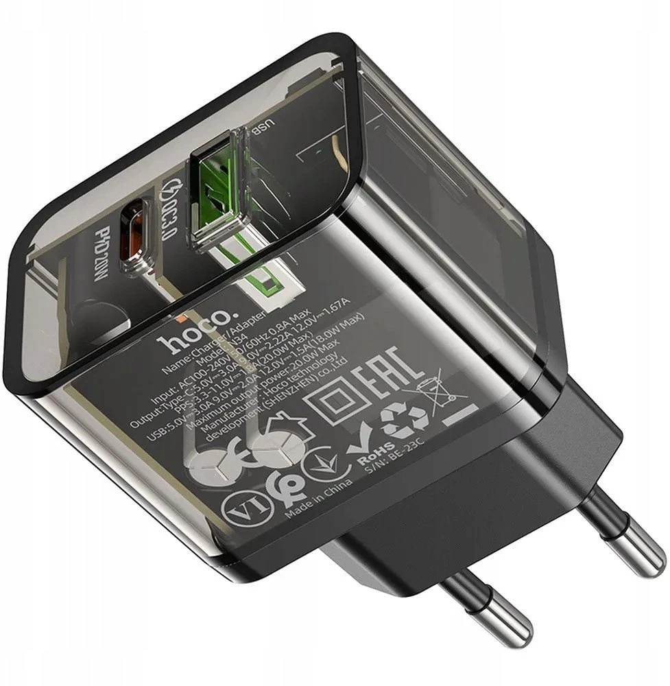 Telefono įkroviklis Hoco USB A + USB C QC3.0 PD 3A 20W N34 skaidrus