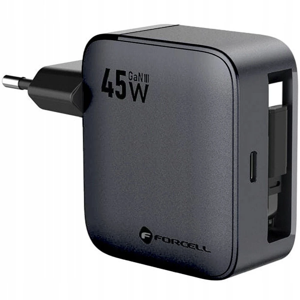 Telefono įkroviklis Forcell F-Energy GaN USB C + ištraukiamas laidas USB C PD QC4.0 3A 45W VT-R5 pilka