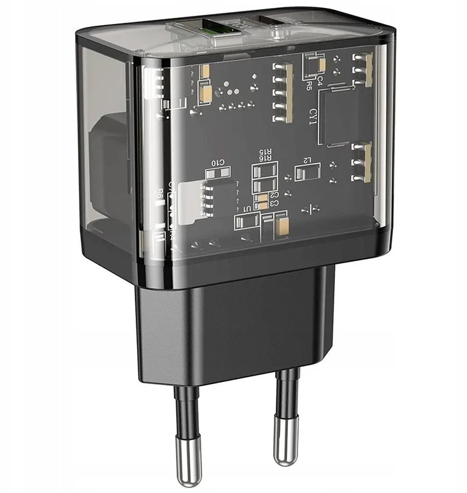 Telefono įkroviklis Hoco USB A + USB C QC3.0 PD 3A 20W N34 skaidrus