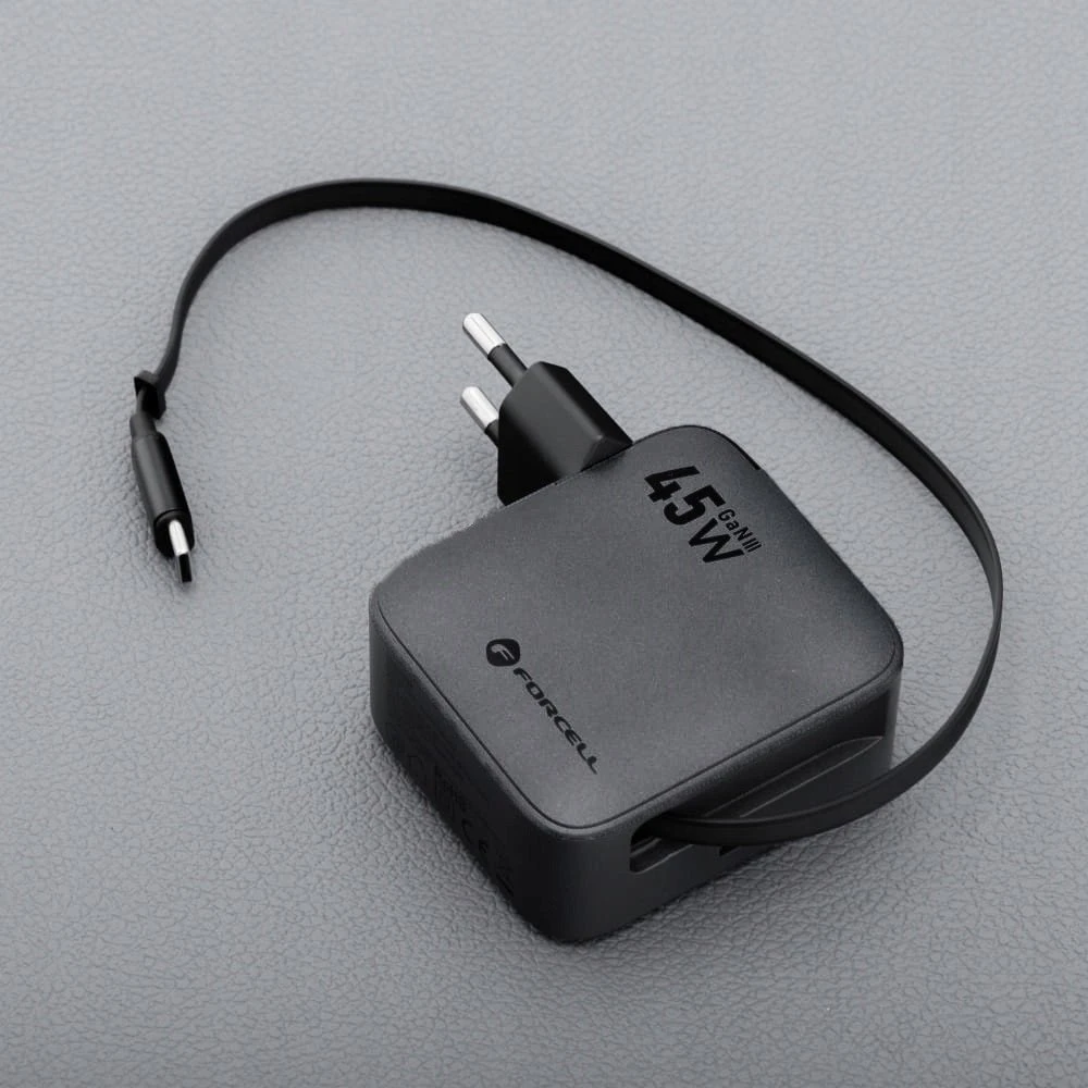 Telefono įkroviklis Forcell F-Energy GaN USB C + ištraukiamas laidas USB C PD QC4.0 3A 45W VT-R5 pilka