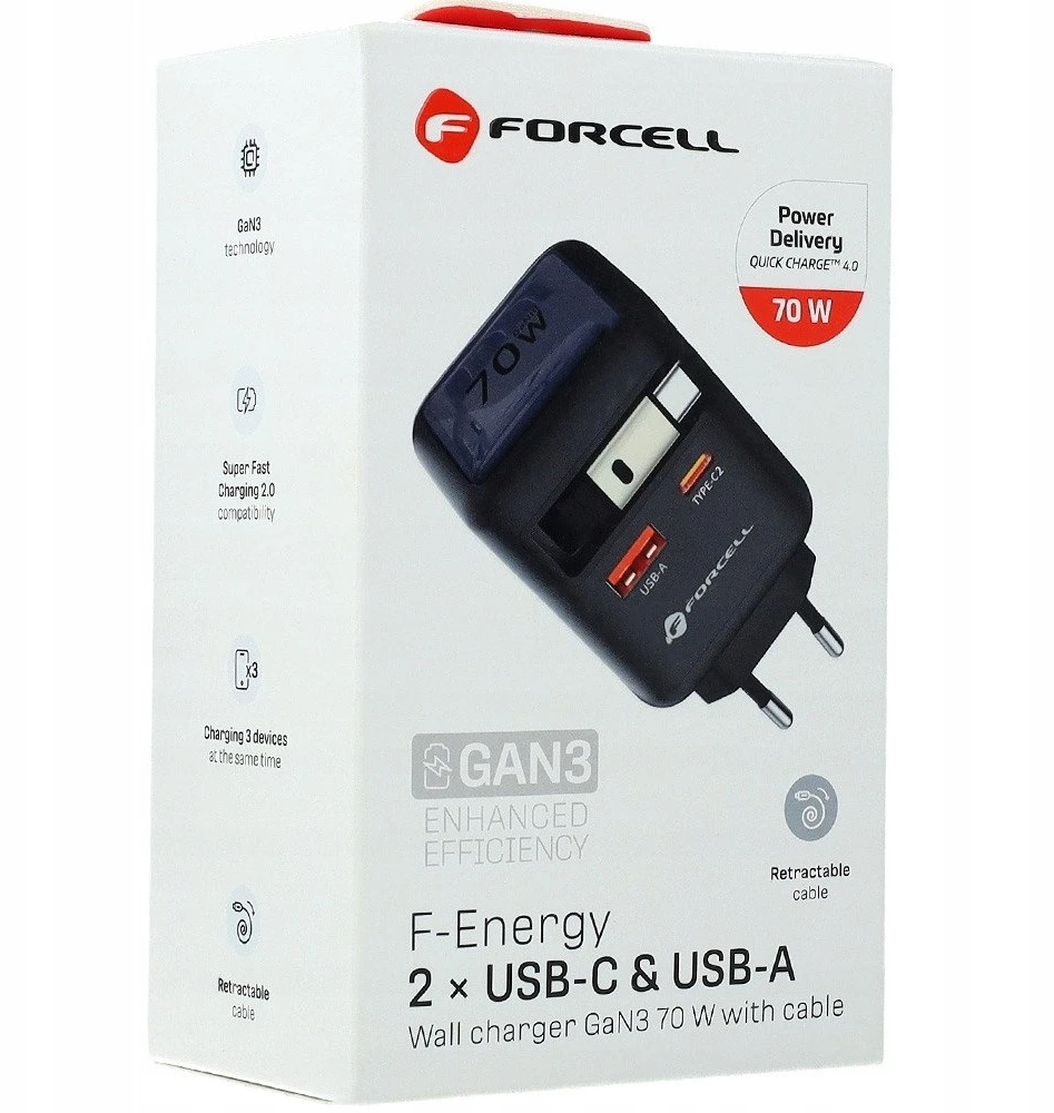 Telefono įkroviklis Forcell F-Energy GaN USB C + USB A + ištraukiamas laidas USB C PD QC4.0 3A 70W VT-R7 pilka