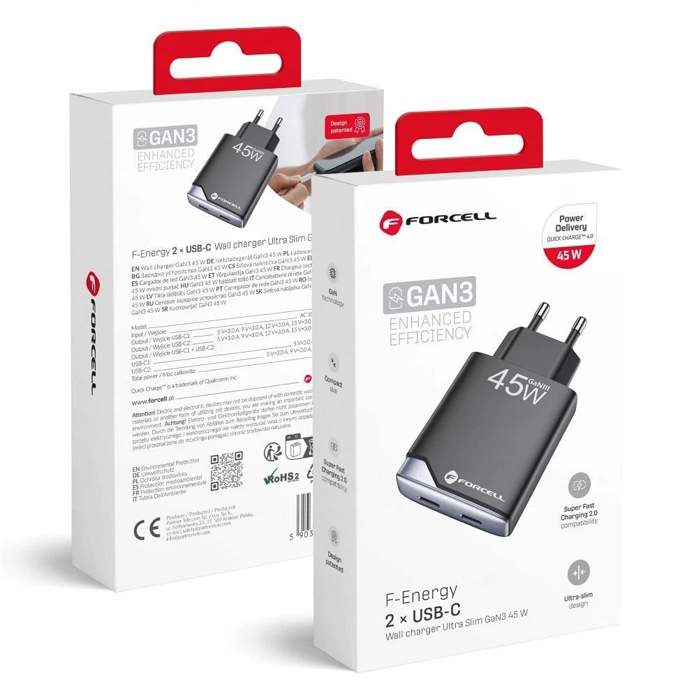 Telefono įkroviklis Forcell F-Energy Ultra Slim GaN III 2 x USB C PD QC4.0 3A 45W B245201(2C) juodas