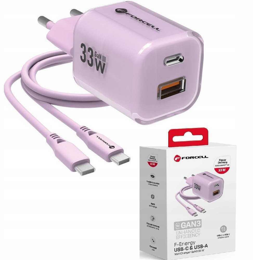 Telefono įkroviklis Forcell F-Energy GaN III Crystal Color USB C + USB A QC4.0 PD 33W + silikoninis laidas USB C į USB C VT-41 violetinė 0INT