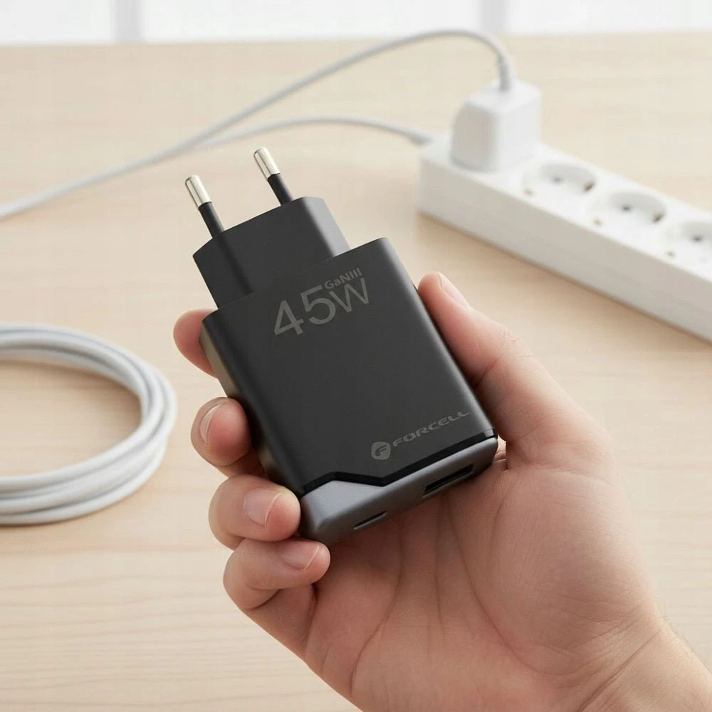 Telefono įkroviklis Forcell F-Energy Ultra Slim GaN III USB C + USB A PD QC4.0 3A 45W B245202(1A1C) juodas