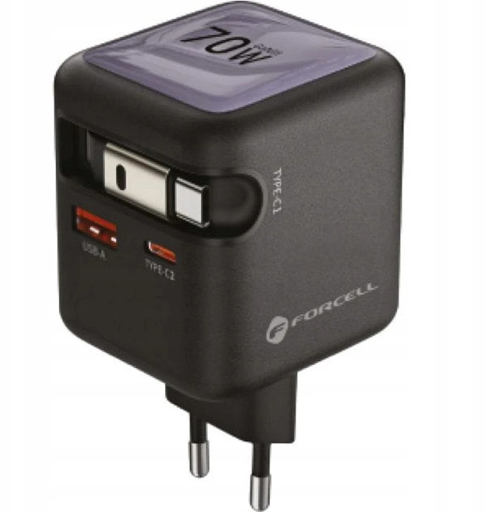 Telefono įkroviklis Forcell F-Energy GaN USB C + USB A + ištraukiamas laidas USB C PD QC4.0 3A 70W VT-R7 pilka