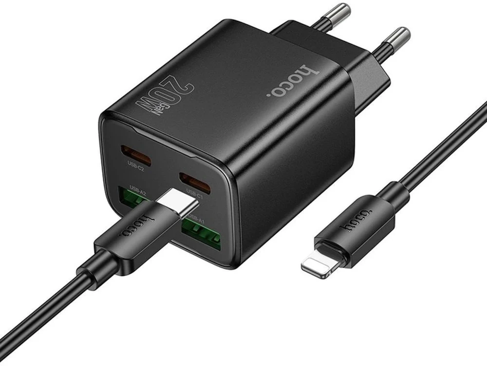 Telefono įkroviklis Hoco 2 x USB C + 2 x USB A QC3.0 PD 3A 20W + laidas USB C į Lightning N55 juodas