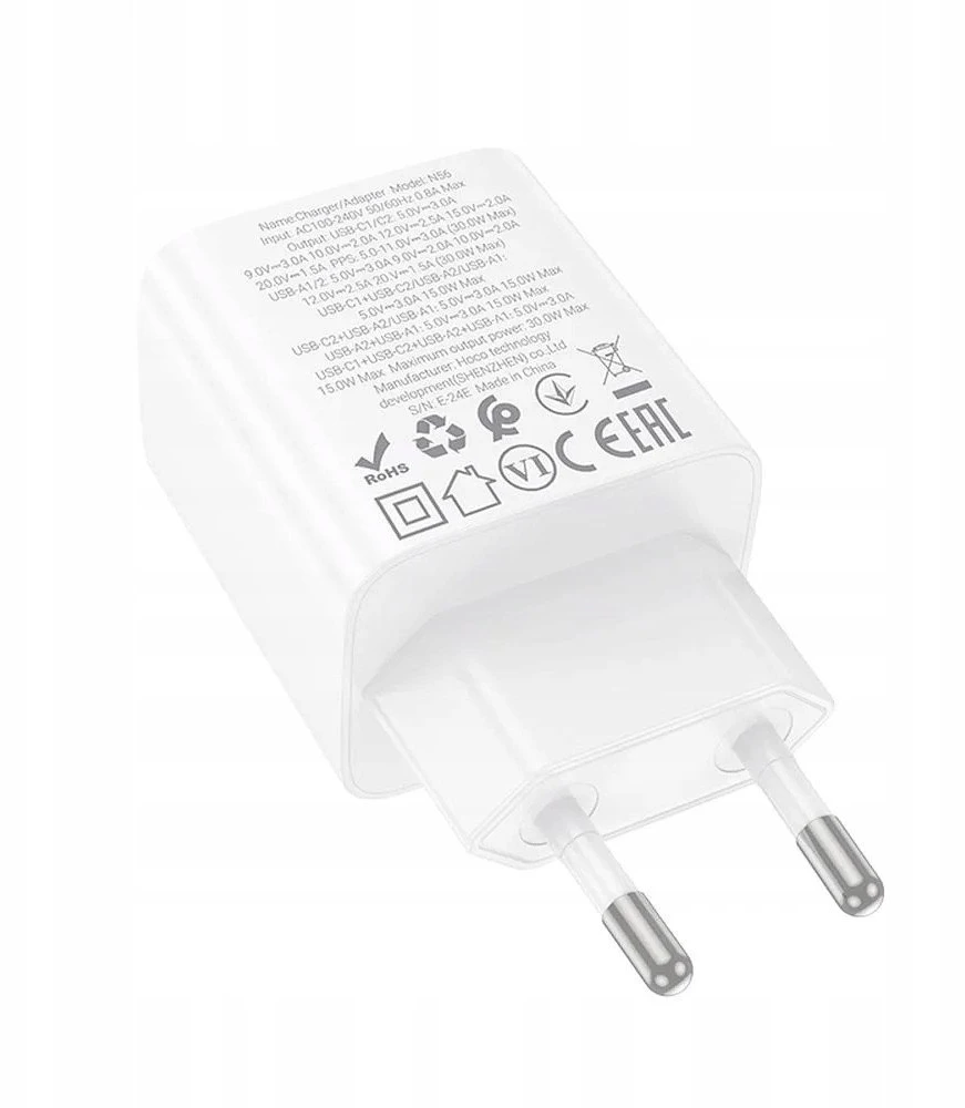 Telefono įkroviklis Hoco 2 x USB C + 2 x USB A QC3.0 PD 3A 30W N56 baltas