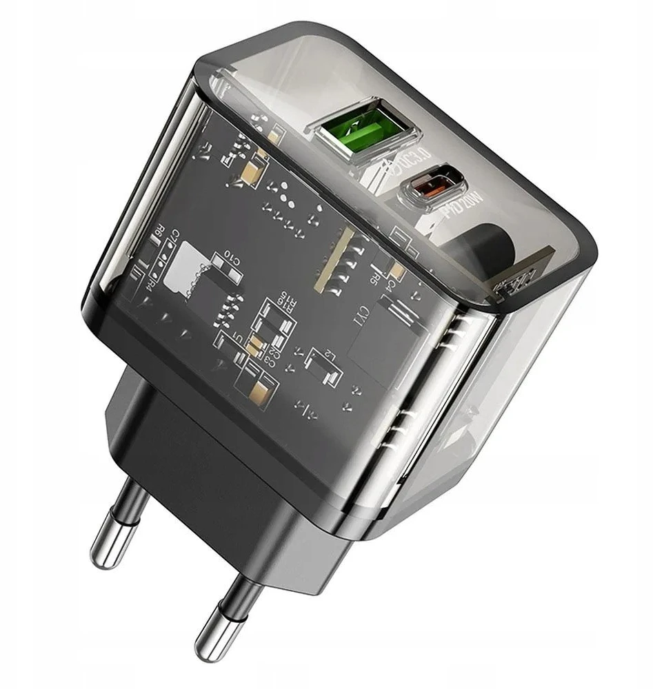 Telefono įkroviklis Hoco USB A + USB C QC3.0 PD 3A 20W N34 skaidrus