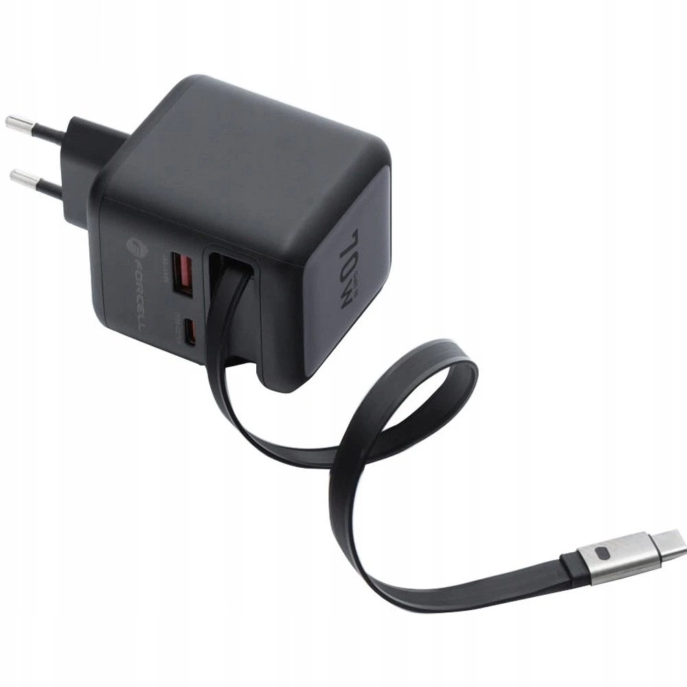 Telefono įkroviklis Forcell F-Energy GaN USB C + USB A + ištraukiamas laidas USB C PD QC4.0 3A 70W VT-R7 pilka