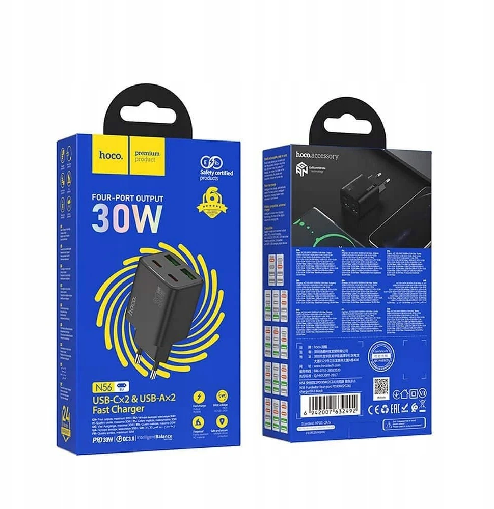 Telefono įkroviklis Hoco 2 x USB C + 2 x USB A QC3.0 PD 3A 30W N56 juodas