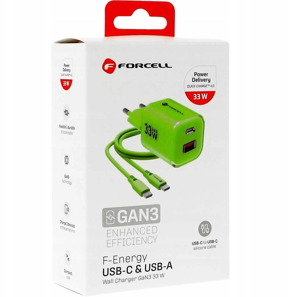 Telefono įkroviklis Forcell F-Energy GaN III Crystal Color USB C + USB A QC4.0 PD 33W + silikoninis laidas USB C į USB C VT-41 žalias